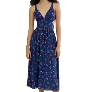 Yumi Kim Uma Cherry Print Cut-Out Midi Dress Navy Red Size 0 NWT